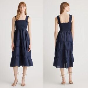 QUINCE 100% European Linen Smocked Midi Dress in Deep Navy